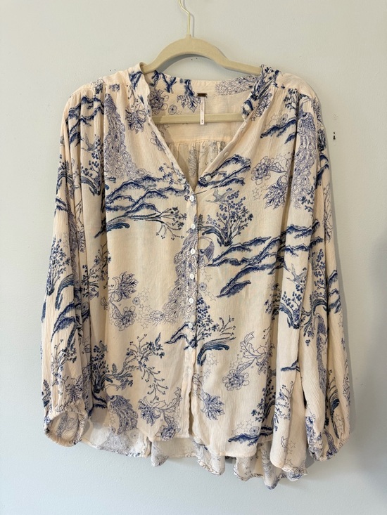 Free People Tops - Free People Boho Cream and Navy Floral Button-Front Blouse
